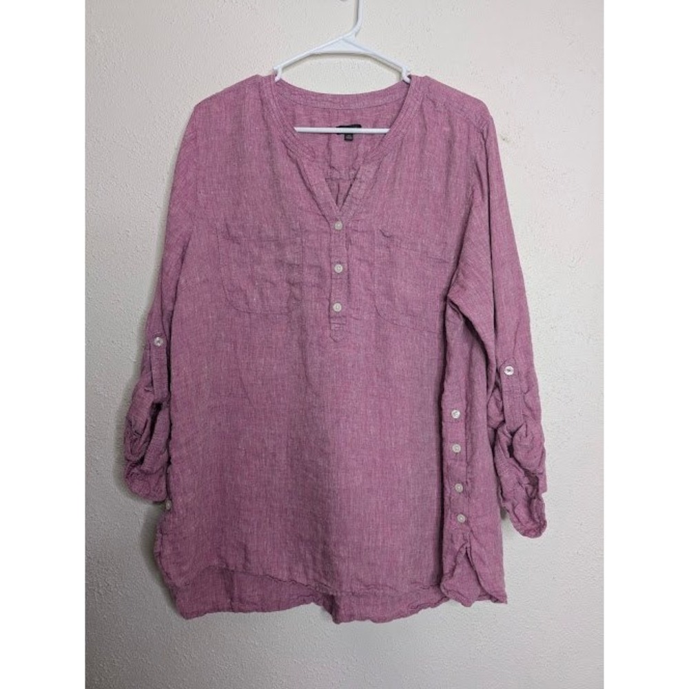 Talbots Women 100%Linen Blouse XL Pink Roll Tab Sleeve Button Casual Top‎ Beach